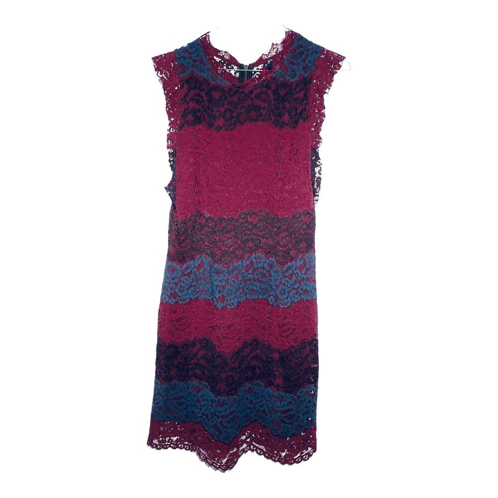 Kut from the Kloth Dress Womens 12 Lace Striped Sheath Sleeveless Burgundy Navy